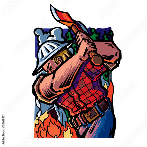 A logger forest fighter swinging an axe. Behind are flames  clouds or smoke and trees. He wears a hard hat on his head.  