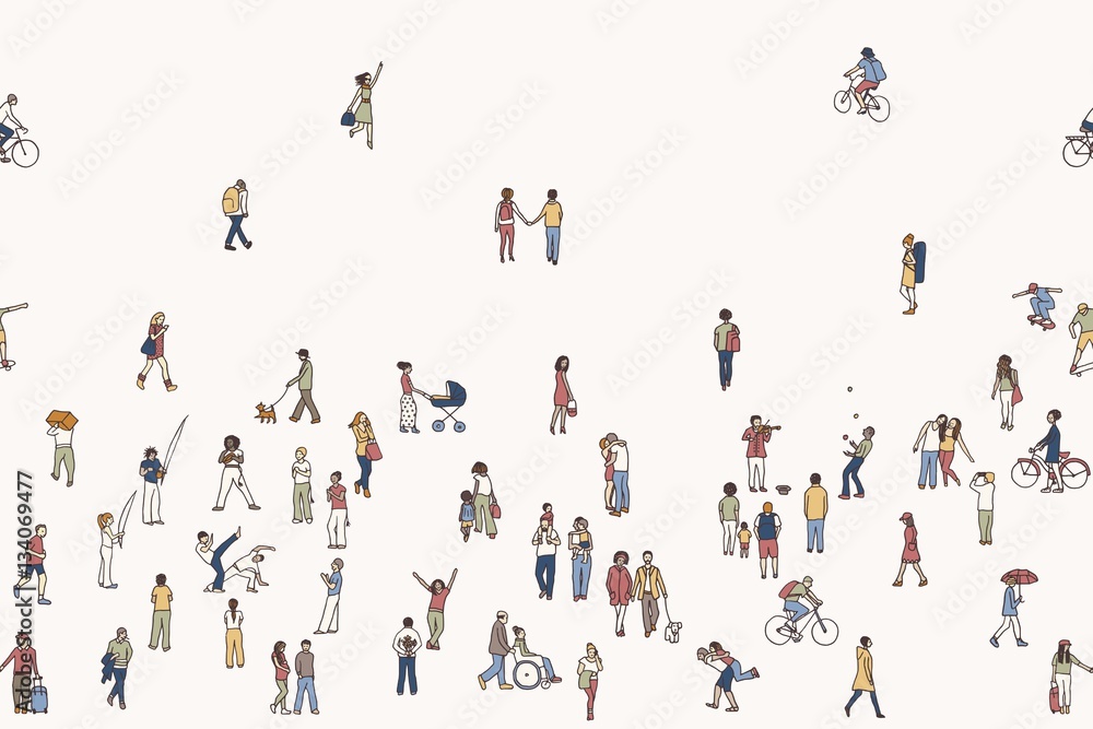 Seamless banner of tiny people, can be tiled horizontally: pedestrians in the street, a diverse collection of small hand drawn men and women walking through the city