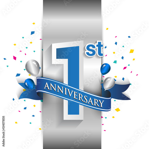 1st anniversary logo with silver label and blue ribbon, balloons, confetti. 1 Years birthday Celebration Design for party, and invitation card