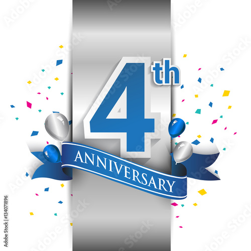4th anniversary logo with silver label and blue ribbon, balloons, confetti. 4 Years birthday Celebration Design for party, and invitation card