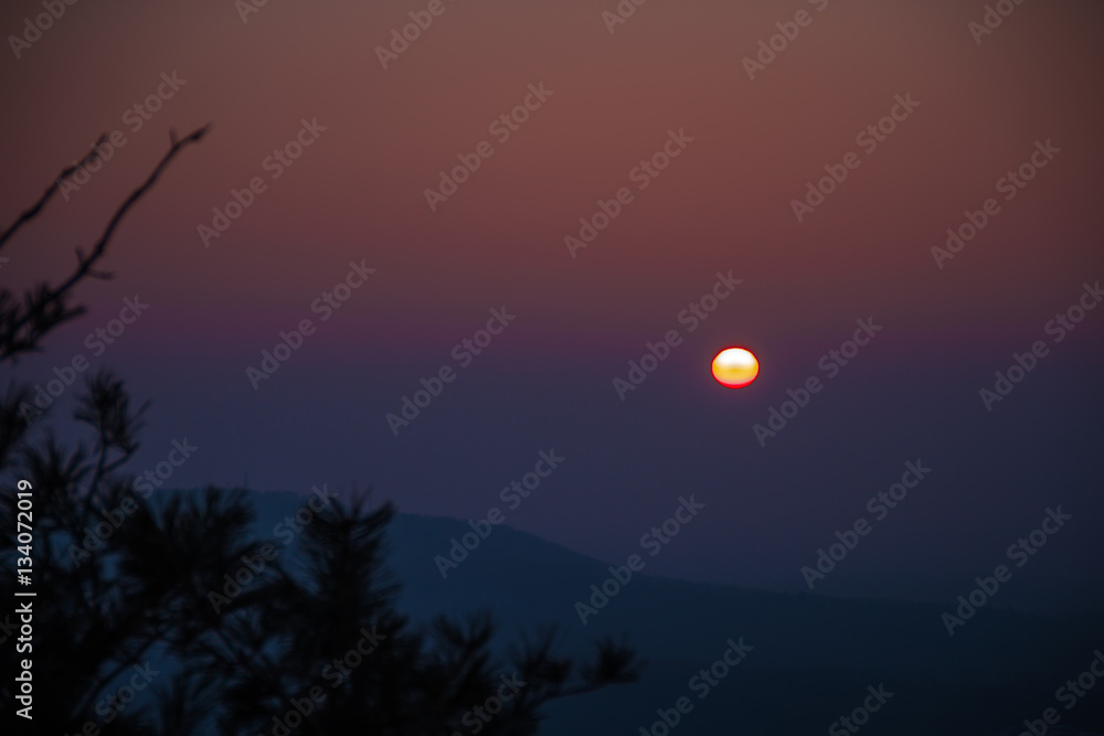 Sunrise in the mountains in winter with long cedar Sunrise in the mountains in winter with long cedar