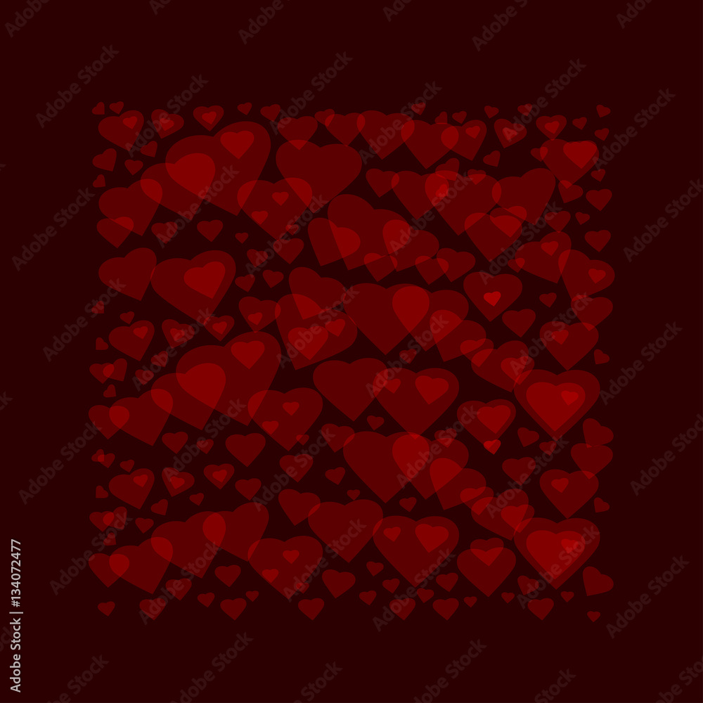 Frame consists of hearts on a red background. Heart square frame for Valentines Day. Vector romantic background