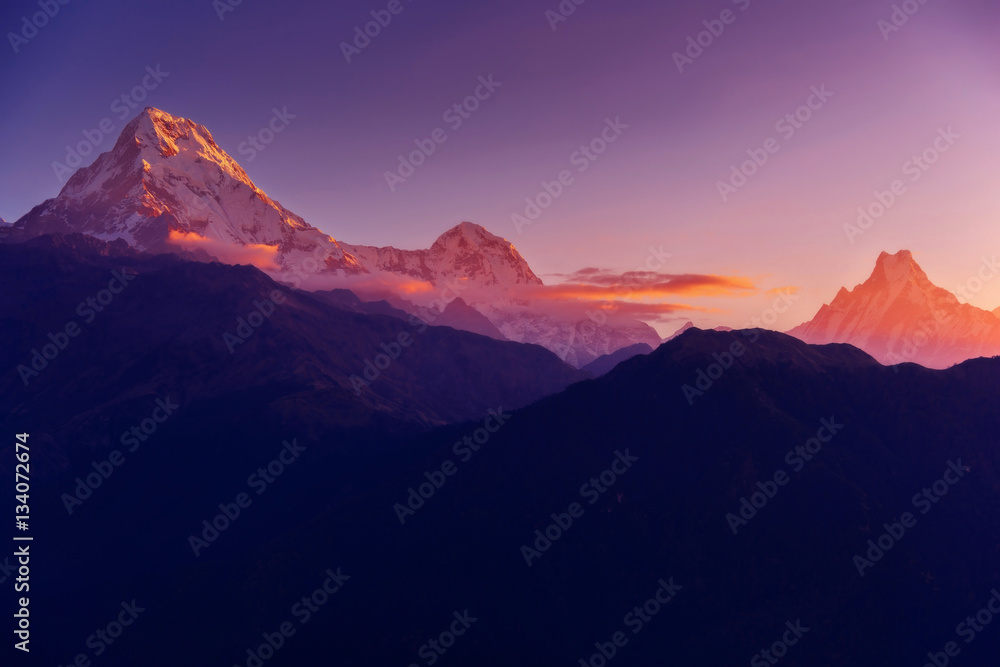 View of Annapurna and Machapuchare peak at Sunrise from Poon Hill, Nepal.