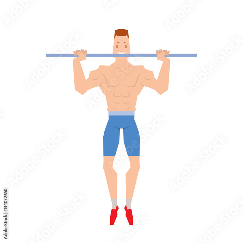 Man doing physical exercises pulling. Hanging on the bar vector.