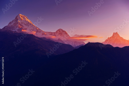 View of Annapurna and Machapuchare peak at Sunrise from Poon Hill, Nepal.