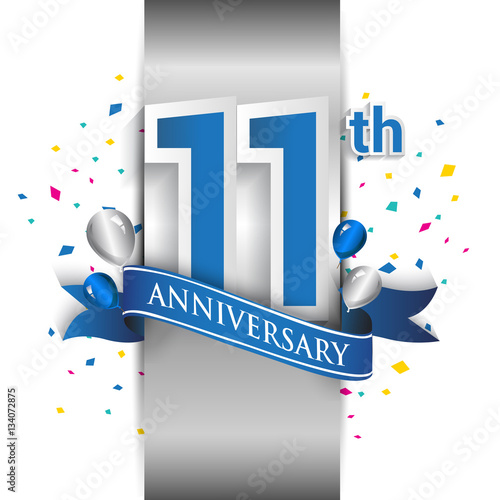 11th anniversary logo with silver label and blue ribbon, balloons, confetti. 11 Years birthday Celebration Design for party, and invitation card