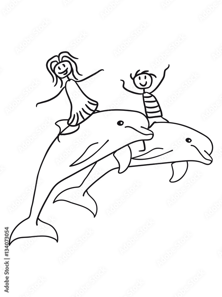 Fototapeta premium Boy 2 friends team siblings fun girl riding girl fun friends child back sit dolphin jump cute cute