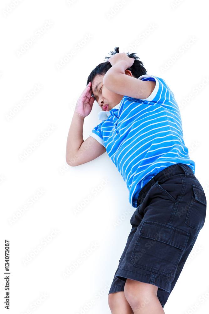 Asian handsome boy have a headache. Isolated on white background Asian handsome boy have a headache. Isolated on white background