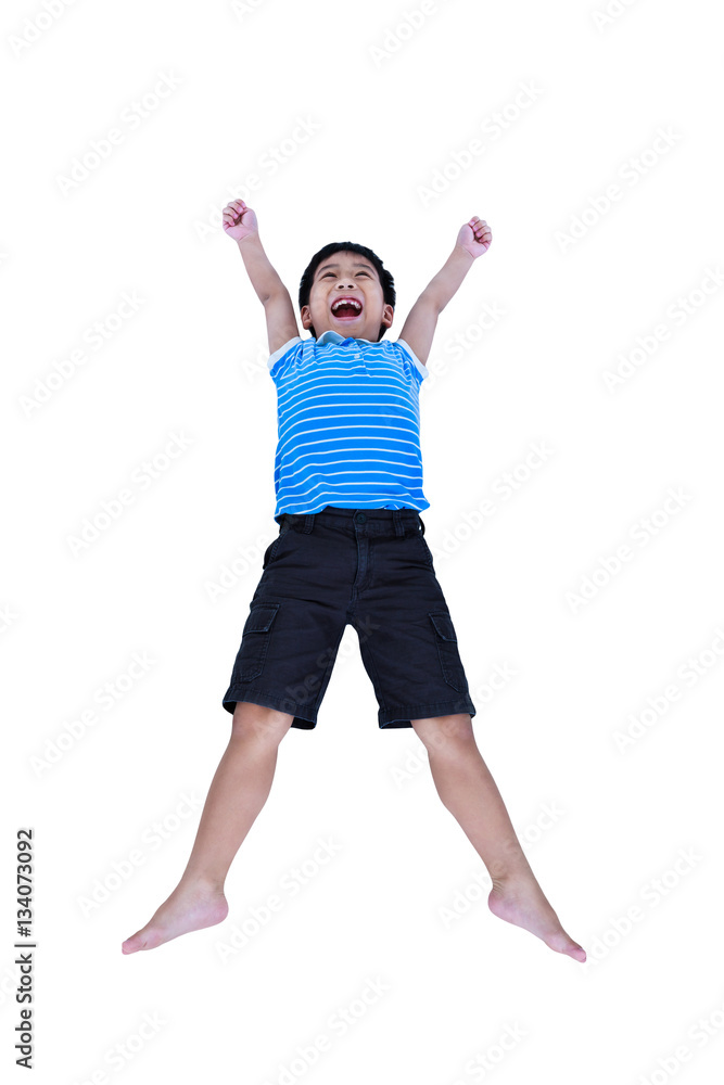 Happy asian boy smiling and jumping, isolated on white background Happy asian boy smiling and jumping, isolated on white background