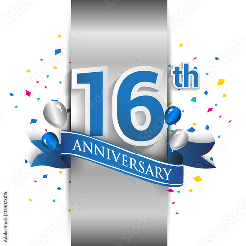 16th anniversary logo with silver label and blue ribbon, balloons, confetti. 16 Years birthday Celebration Design for party, and invitation card