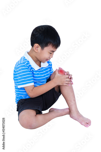 Full body of child injured at knee. Isolated on white background
