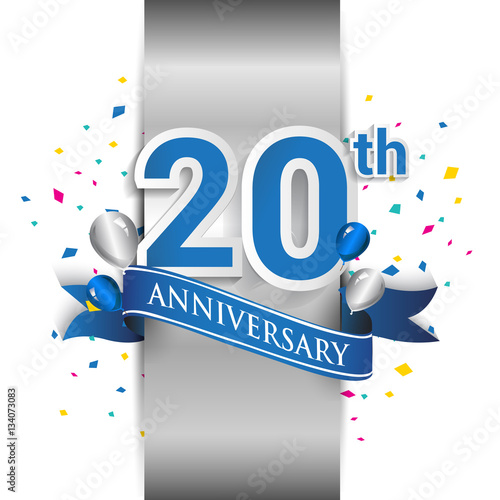 20th anniversary logo with silver label and blue ribbon, balloons, confetti. 20 Years birthday Celebration Design for party, and invitation card