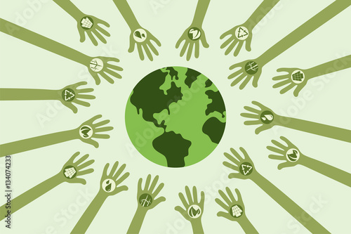 Save environment and green power concept. Many hands with green energy symbol around the world.