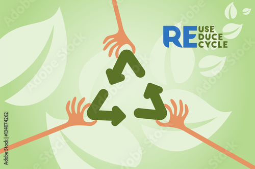 Recycle sign with hands holding together to represent collaboration with reuse, reduce, recycle text for green energy and save environment concept.