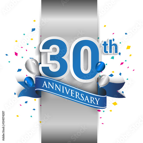 30th anniversary logo with silver label and blue ribbon, balloons, confetti. 30 Years birthday Celebration Design for party, and invitation card