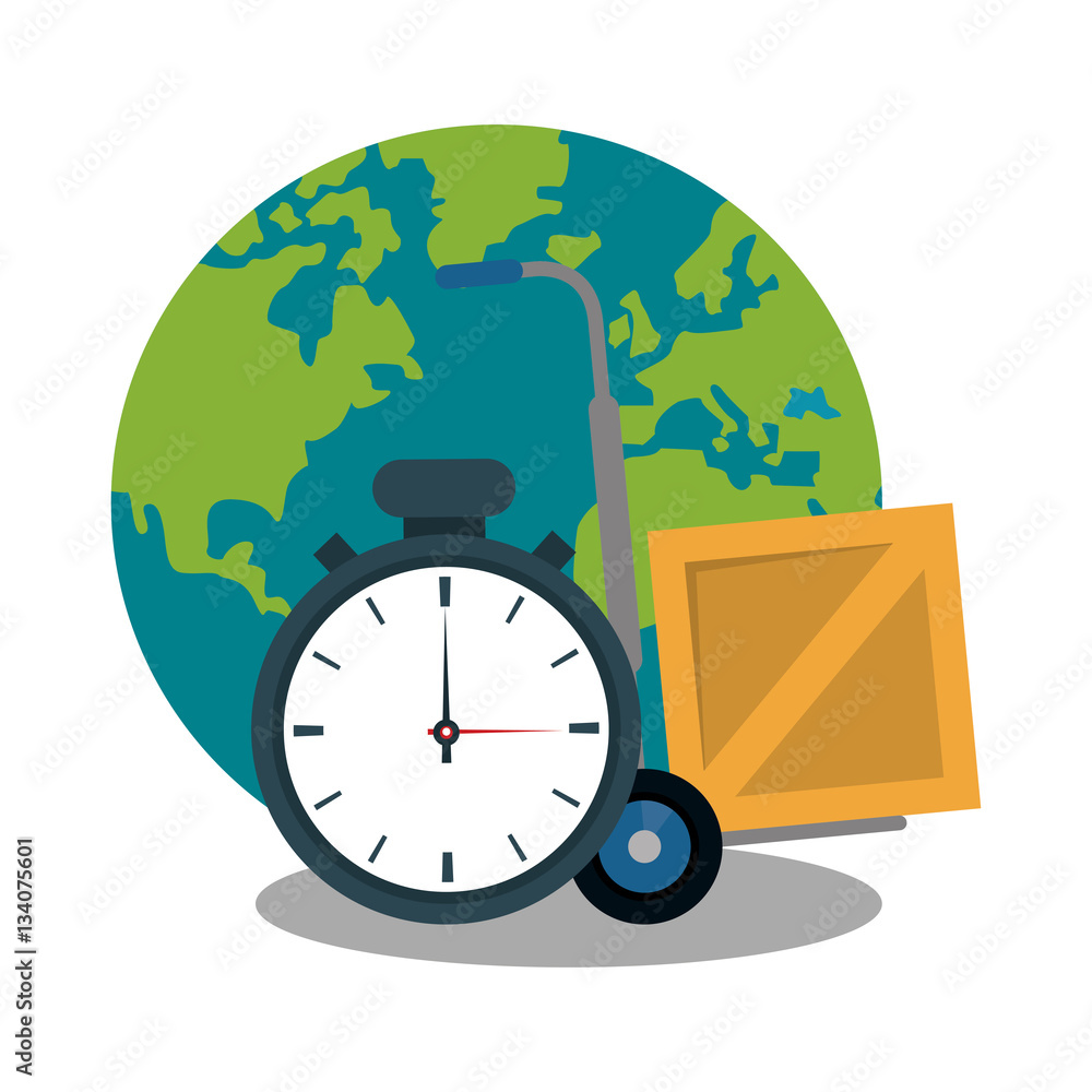 chronometer, carton box and earth planet icon over white background. fast delivery concept. colorful design. vector illustration chronometer, carton box and earth planet icon over white background. fast delivery concept. colorful design. vector illustration