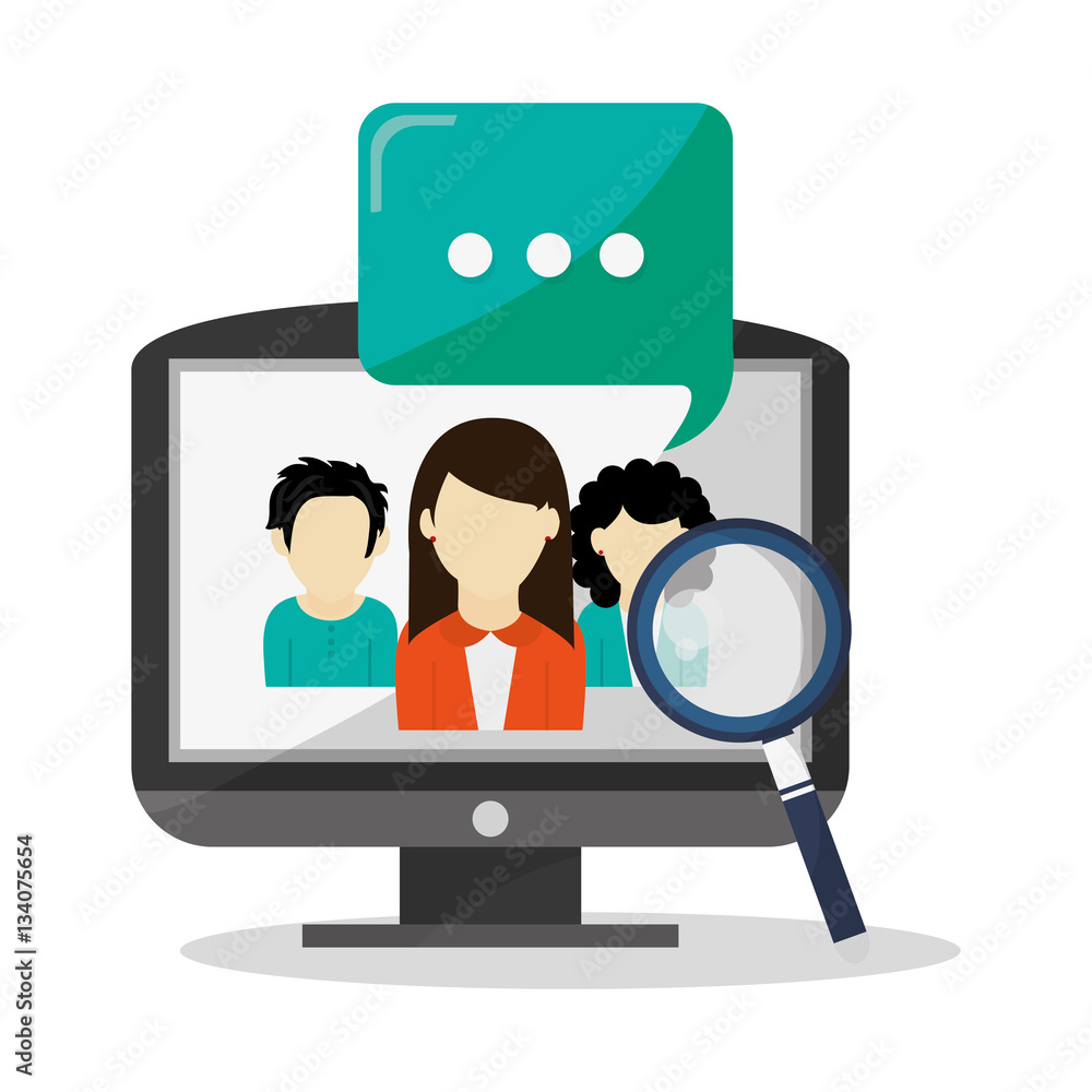 magnifying glass, monitor computer and woman icon over white background. colorful design. vector illustration magnifying glass, monitor computer and woman icon over white background. colorful design. vector illustration
