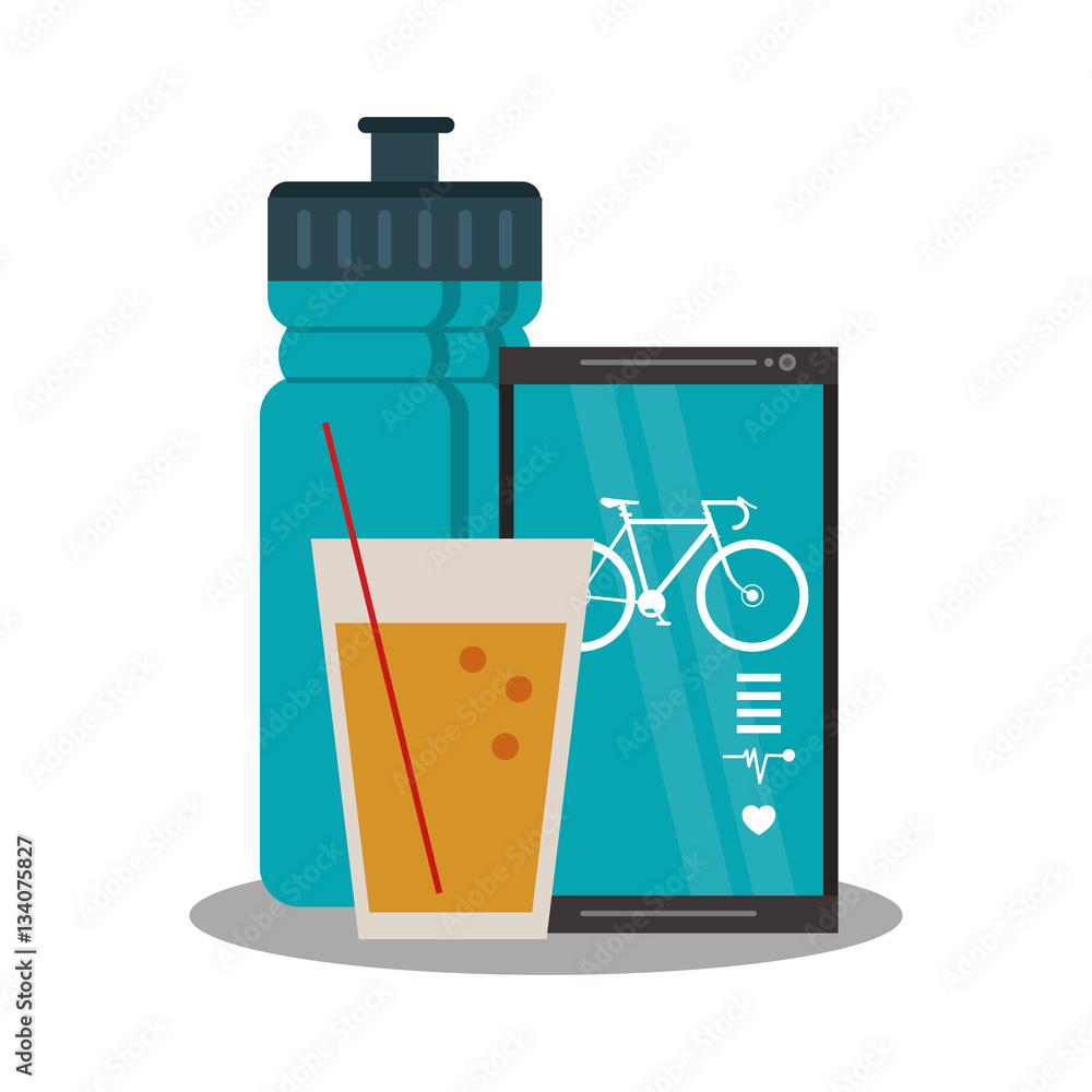 orange juice glass, water bottle and smartphone icon over white background. healthy lifestyle concept. colorful design. vector illustration orange juice glass, water bottle and smartphone icon over white background. healthy lifestyle concept. colorful design. vector illustration