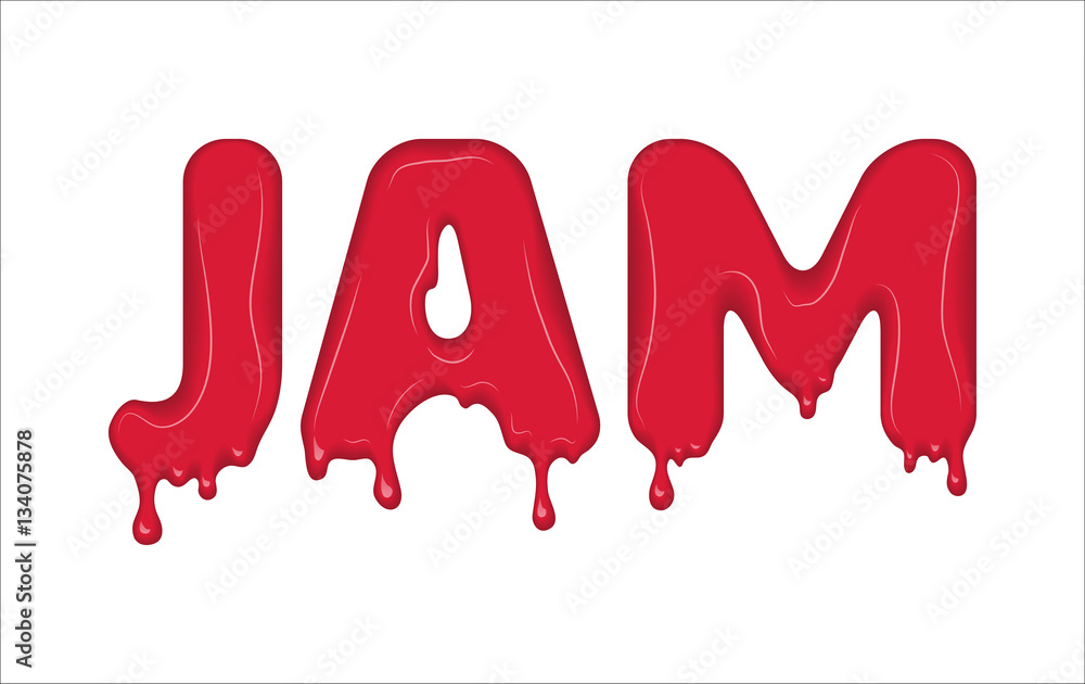 Vector word made of flowing jam. Letters with blots, drops, splashes and blobs. Glossy typeface. Text of red liquid drops isolated on white background.
