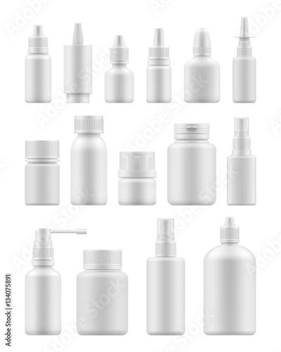 3d blank template medical packaging for pill and liquid medication: spray bottles, container for drug, medicine jar with cap. Realistic mock-up of white plastic pack. Vector set for package design