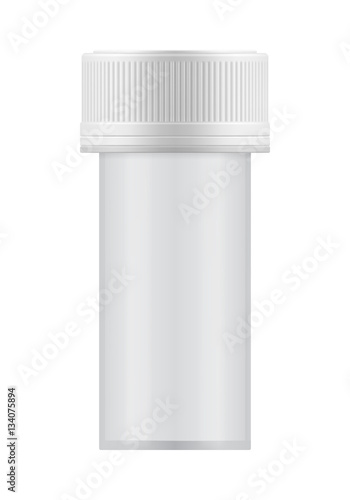 Empty plastic or glass transparent medical jar with cap. Container with clean surface. Blank template of packaging. Realistic 3d mock-up of package. Vector illustrations of medicine pack
