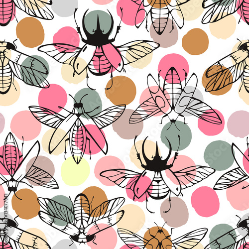 Seamless pattern with hand drawn beetles.