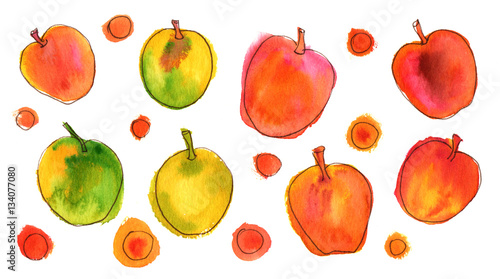 Vibrant quirky watercolor and ink apples on white
