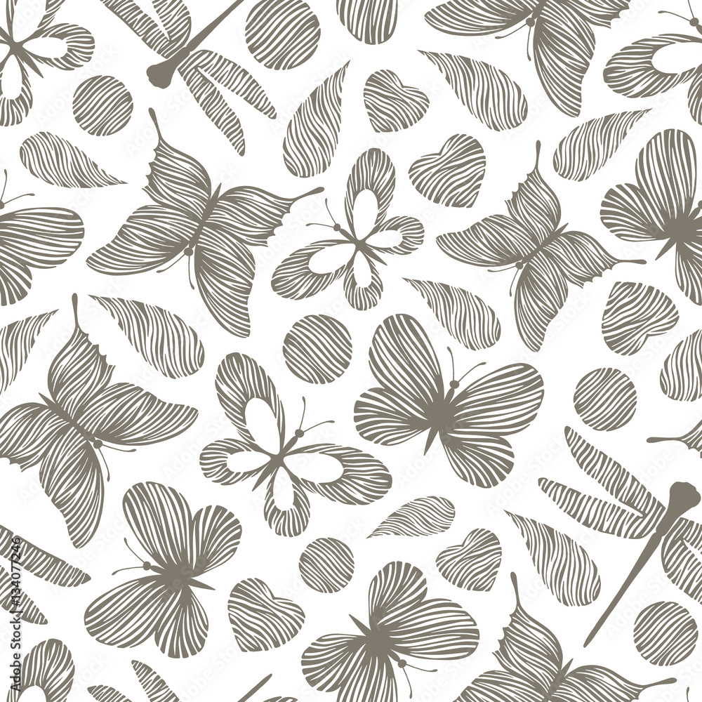 Vintage seamless pattern with hand drawn dragonfly and butterflies.