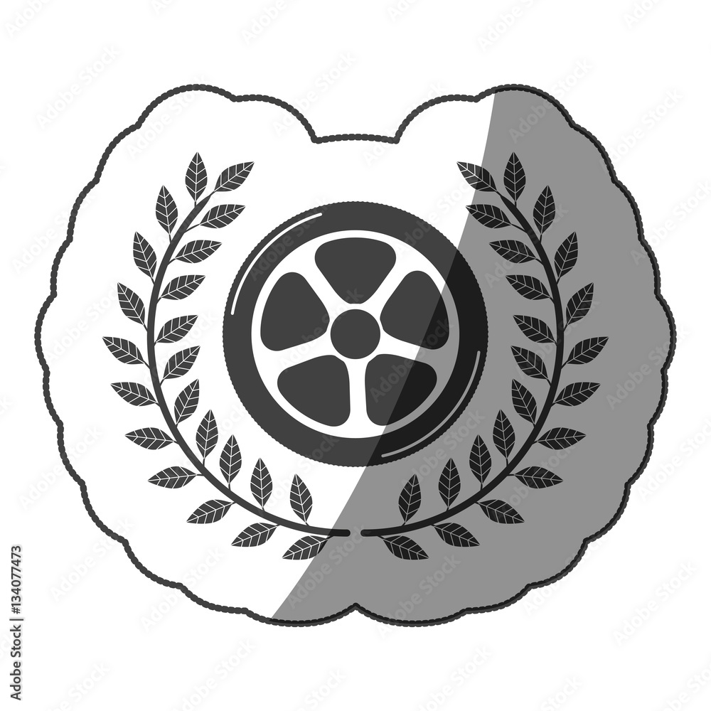 sticker monochrome car wheel with half shaded and olive crown vector illustration sticker monochrome car wheel with half shaded and olive crown vector illustration
