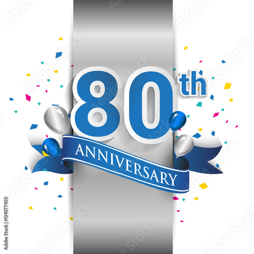 80th anniversary logo with silver label and blue ribbon, balloons, confetti. 80 Years birthday Celebration Design for party, and invitation card