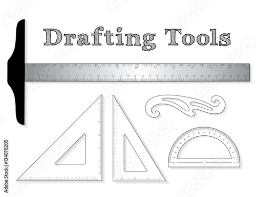Drafting tools for architecture and engineering: aluminum T-square with inch and centimeter measure, 45 degree triangle, 60 degree triangle, ruler, French Curve and protractor. EPS8 compatible.