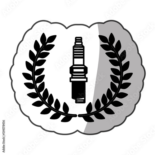 spark plug monochrome sticker with black olive branch and half shaded vector illustration
