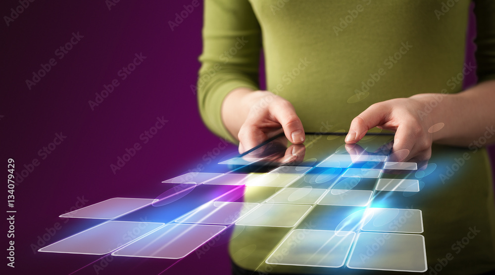 Close up of hand holding tablet with cyber application Close up of hand holding tablet with cyber application
