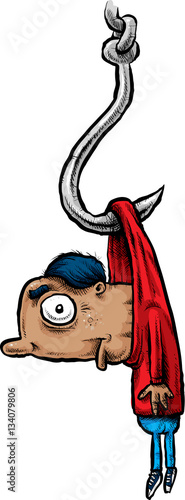 A cartoon man hangs in his shirt on a large metal hook.