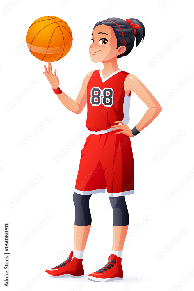 Naklejka premium Vector young Asian basketball player girl spinning ball on finger.