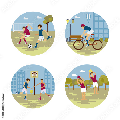 City sport set of banners. Vector flat design on fitness workout people on urban city street background. Isolated illustration of soccer, basketball, cycling, yoga