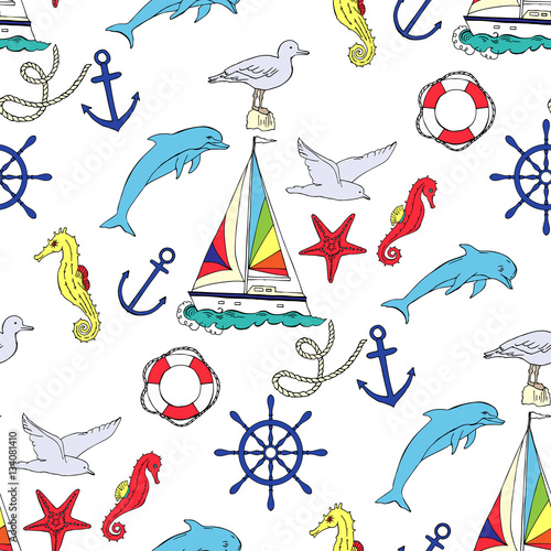 Nautical seamless pattern with ships