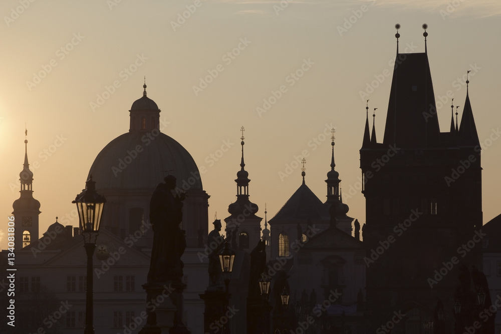 Prague, the silhouettes of the Old City early in the morning