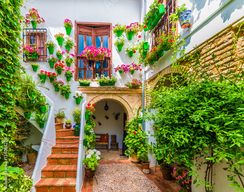 Fototapeta Traditional house and courts with flower in Cordoba, Spain