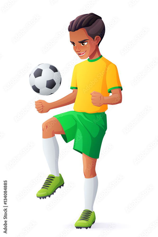 Vector young football or soccer player boy juggling with ball.