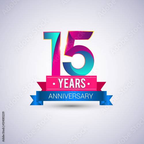 15 years anniversary logo, blue and red colored vector design photo