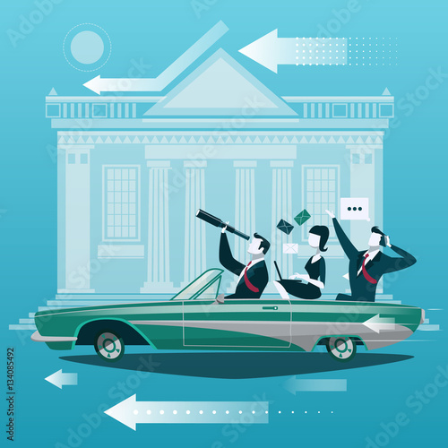 Group of businessman travel by car with stock market exchange building on background. Business concept vector illustration in cartoon style