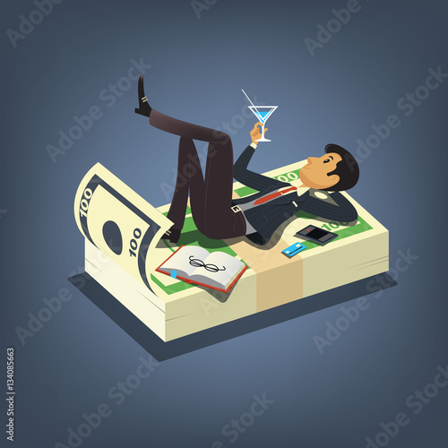 Successful businessman drinking cocktail and taking a rest on a bunch of money. Business vector concept illustration in cartoon style