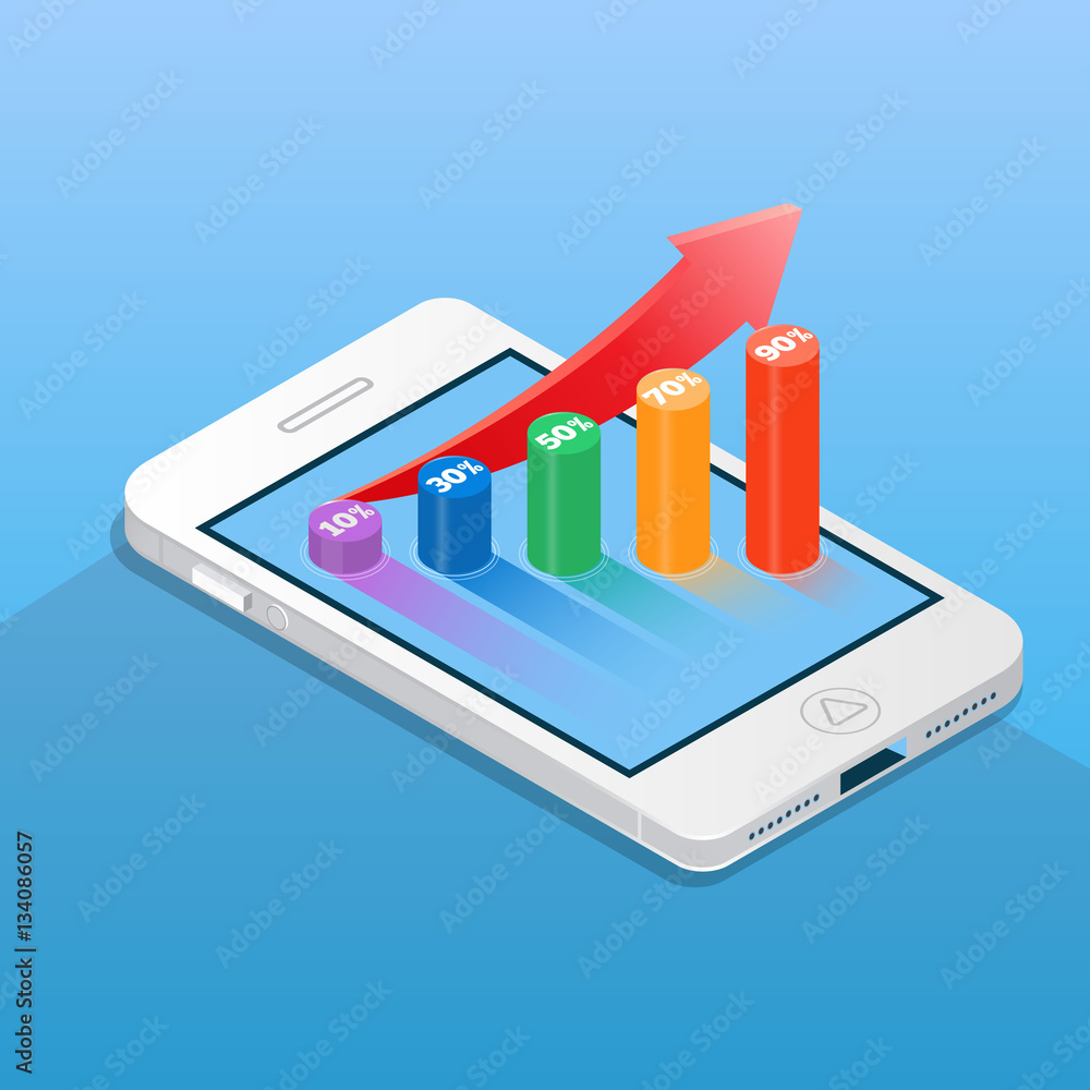 Smartphone with financial bar chart. Business and finance concept vector illustration in isometric style Smartphone with financial bar chart. Business and finance concept vector illustration in isometric style