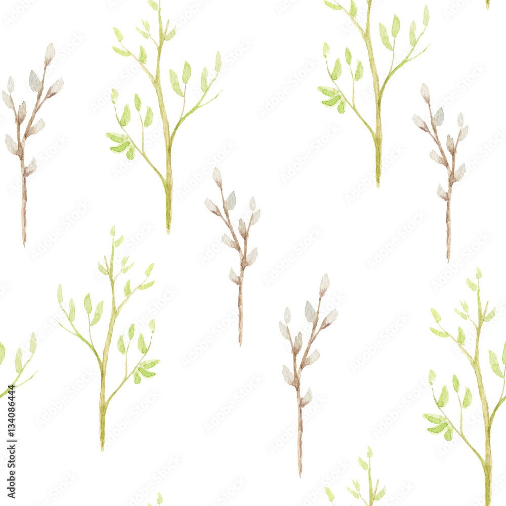 Watercolor seamless Easter repeating pattern with willow branches isolated on white
