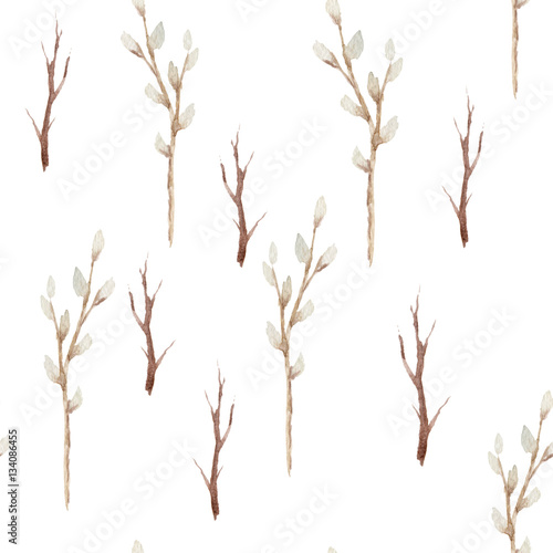 Watercolor seamless Easter repeating pattern with willow branches isolated on white