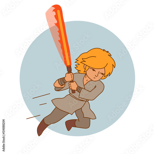 motion attack jumping warrior with fire sword, abstract fairy tale cartoon character, vector illustration