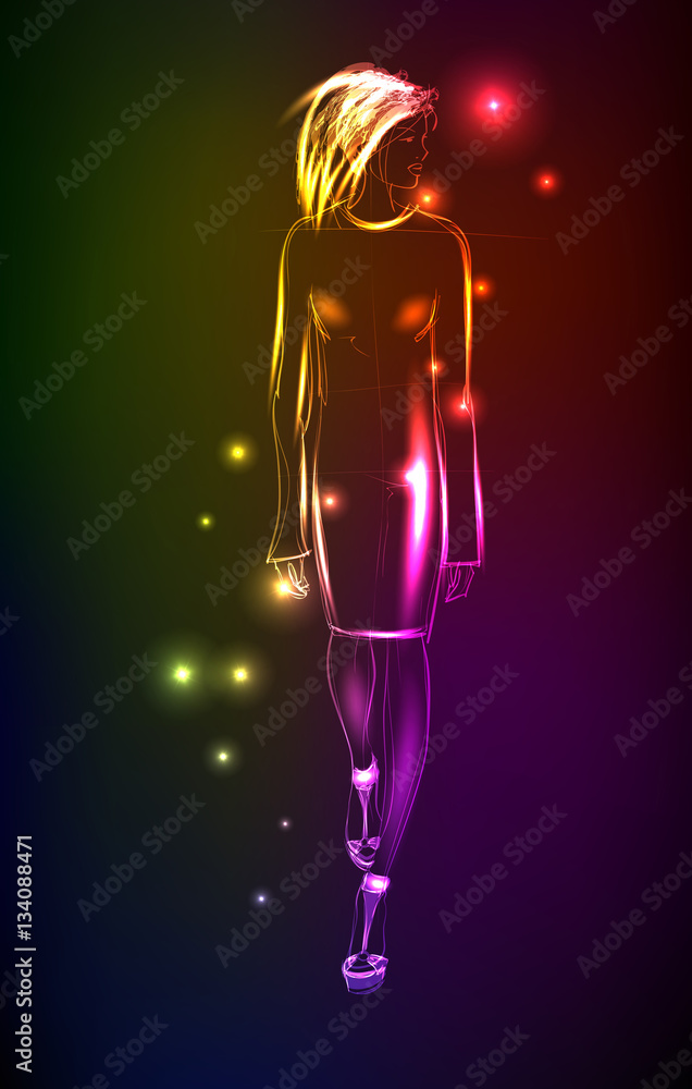 Hand-drawn fashion model from a neon. A light girl's Hand-drawn fashion model from a neon. A light girl's