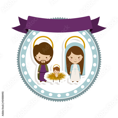 sticker border with holy familily and baby jesus cartoon vector illustration