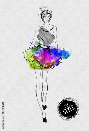 Fashion woman model with colorful skirt in the style of a waterc